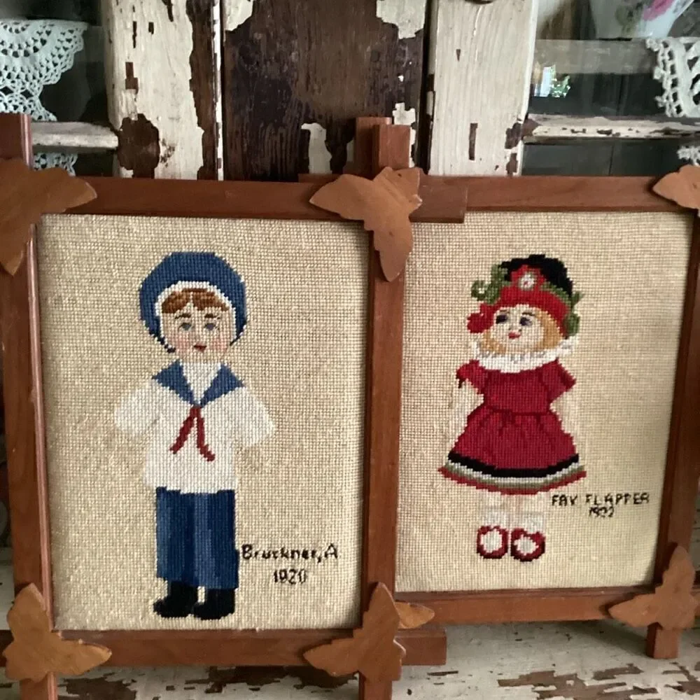 Vintage Needlepoint Sailor Boy Brockner and Girl Fay Flapper Custom Oak Frames